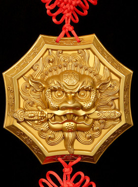 纯黄铜狮咬剑摆件全铜瑞狮咬剑狮子头虎头牌睚眦家居客厅门头挂件