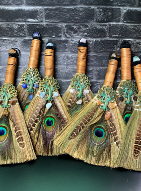 大扫把天然紫水晶生命树孔雀羽毛祭坛摆件