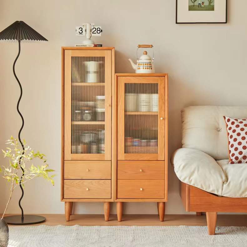北欧窄柜实木边柜原木樱桃木日式家用书柜玄关柜玻璃门抽屉储物柜 - 图0