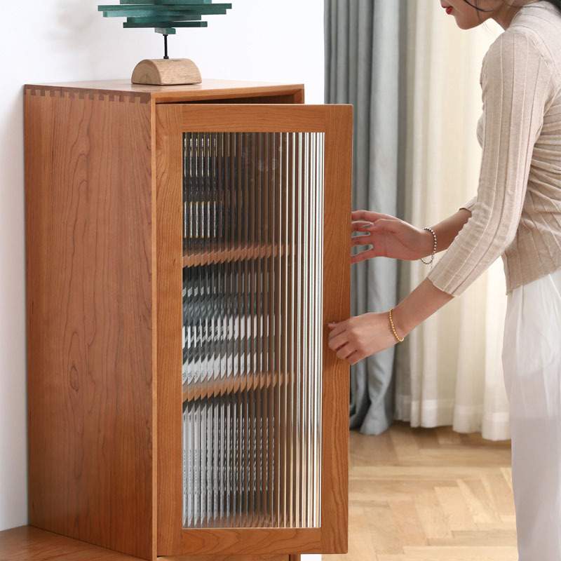 北欧窄柜实木边柜原木樱桃木日式家用书柜玄关柜玻璃门抽屉储物柜 - 图1