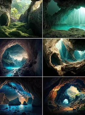 洞穴造景装饰画壁纸正胶不透光鱼缸3d立体高清图背景5d水族箱贴纸