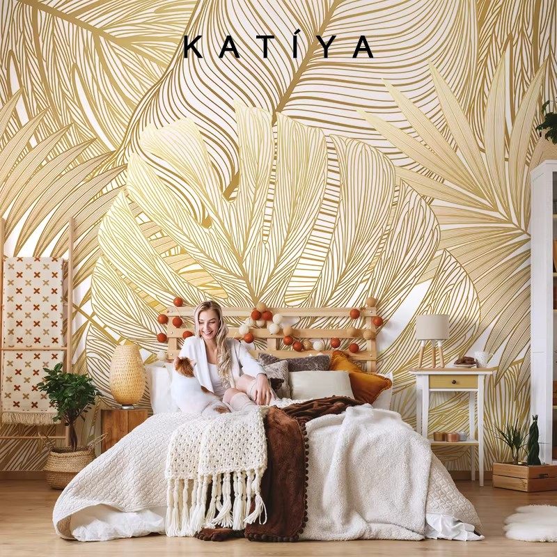 Katiya北欧轻奢金色叶子墙布电视背景墙东南亚卧室酒店壁纸定制画,淘宝优惠券,粉丝福利购,淘宝优惠卷