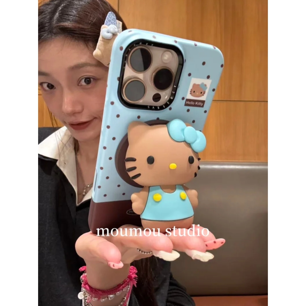 MOMOMOSTUDIOS秋冬ins可爱蓝棕波点KT猫磁吸支架适用iPhone16promax新款15pro苹果手机壳14pro磨砂13防摔硬壳 - 图0