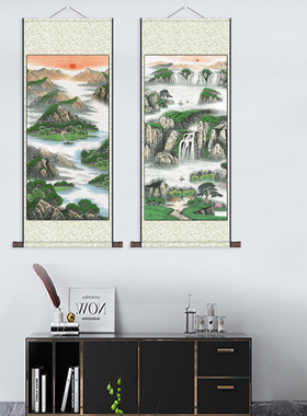 聚宝盆新款上市富水长流高山流水丝绸卷轴画玄关国画字画旭日东升