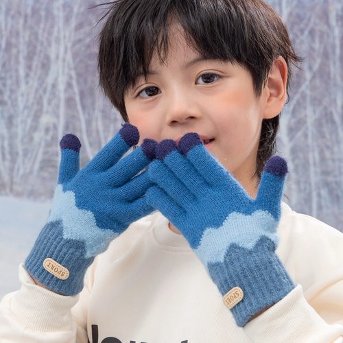 儿童手套男童五指冬季保暖毛线针织分指时尚男孩小学生冬天加绒厚 - 图0