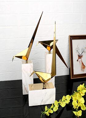 新中式大理石不锈钢千纸鹤艺术摆件样板房电视柜客厅酒店家居装饰