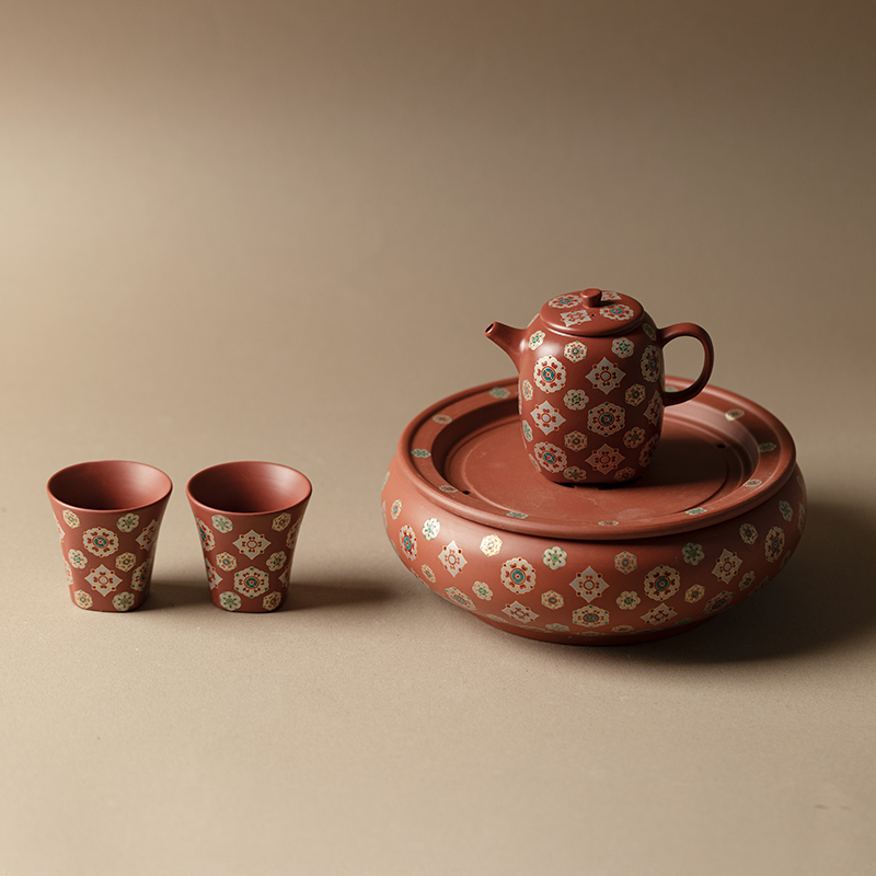 里作原矿紫砂四方壶功夫茶具朱泥茶具套装一壶两杯轻奢泡茶壶茶杯 - 图0