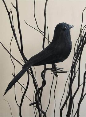 仿真羽毛黑乌鸦鸟摆件万圣鬼节假鸟饰品展翅摄影表演道具教学模型
