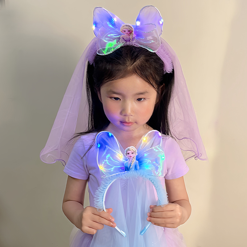 儿童发光网纱发箍女童艾莎公主头箍小女孩超仙带灯头饰蝴蝶结发卡 - 图2