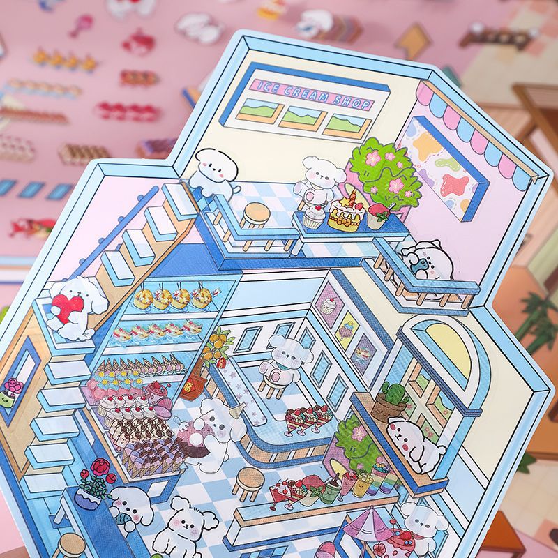3D卡通造景贴纸套装新款微缩景观贴立体小屋玩具ins创意女孩可爱萌宠装饰拼贴手账本场景堆叠韩系手工diy贴画 - 图3