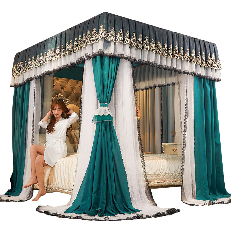 豪华欧式落地双层遮光布帘四柱导轨式床幔蚊帐一体加密帐莎公主风,淘宝优惠券,粉丝福利购,淘宝优惠卷
