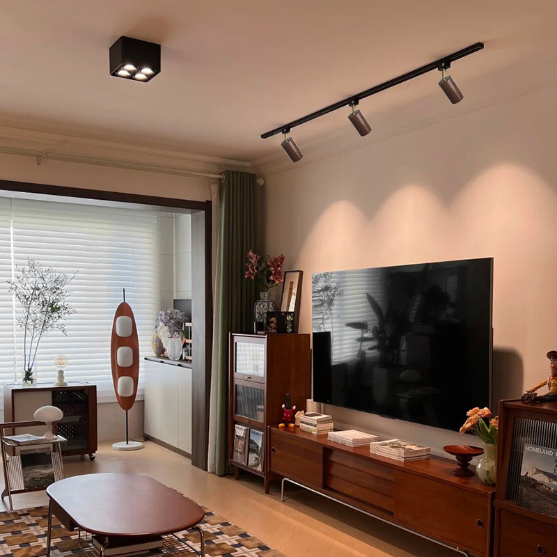 中古风胡桃木纹轨道灯法式复古风客厅背景墙无主灯明装免打孔射灯,淘宝优惠券,粉丝福利购,淘宝优惠卷