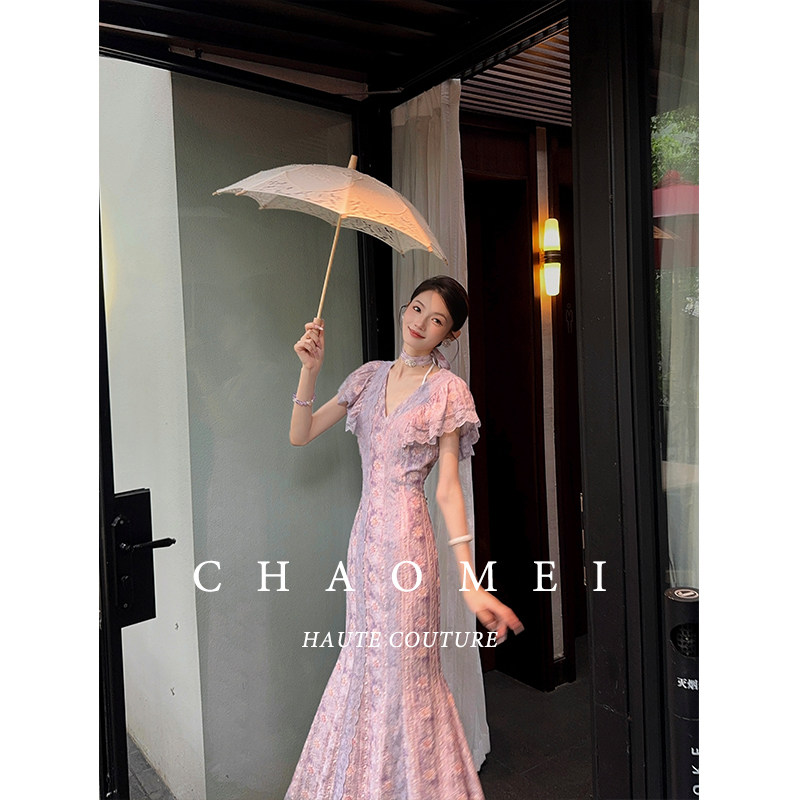 冯（CHAOMEI【古董蔷薇】新中式天丝风信紫花边装饰鱼尾连衣裙,淘宝优惠券,粉丝福利购,淘宝优惠卷