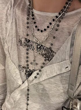 Y2K哥特叠戴项链十字吊坠甜酷辣妹锁骨颈链亚文化少女长款毛衣链