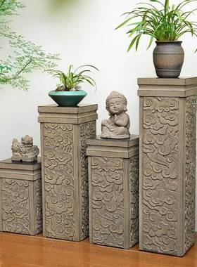 新中式石柱墩玄关落地摆件祥云展示柱子茶室家居办公创意玄关装饰