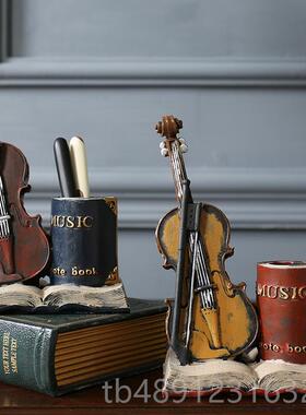 正品美式室复古小书提琴创意桌面个性笔筒摆件书房办饰公装品实用