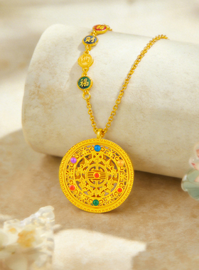 金六福吉祥S925银招财纳福罗盘项链女款古法八宝罗盘银饰吊坠首饰
