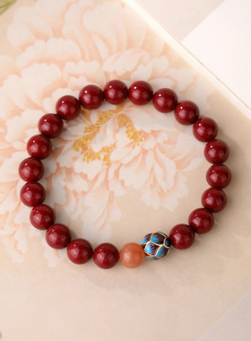 金六福吉祥朱砂静心莲花手链女款中式日光石单圈转运珠手链送女友