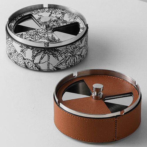 现代轻奢金属不锈钢皮革烟灰缸样板间办公室客厅高级感装饰品摆件 - 图0