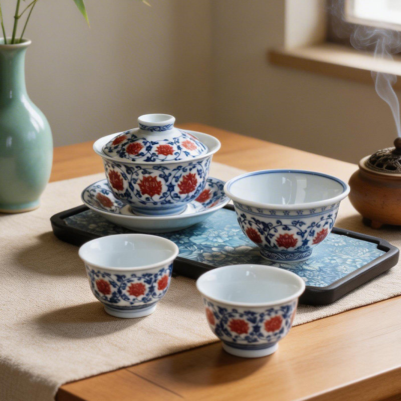 Classic blue and white underglaze red lotus kung fu tea set