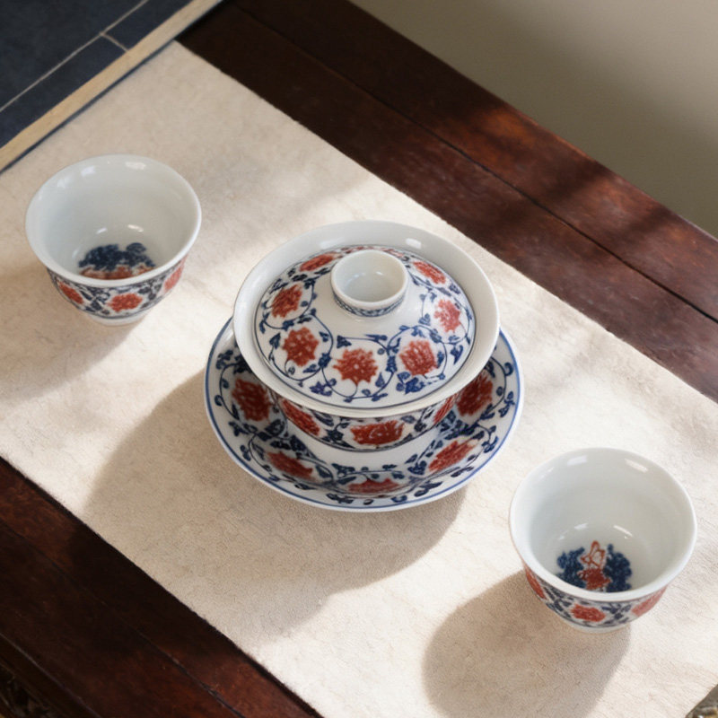 Classic blue and white underglaze red lotus kung fu tea set
