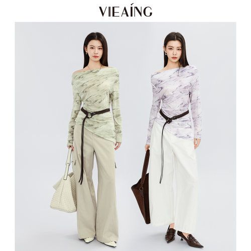 VIEA.ING薇迎商场同款晕染衬衫女2026春新款不规则衬衣一字肩上衣 - 图0