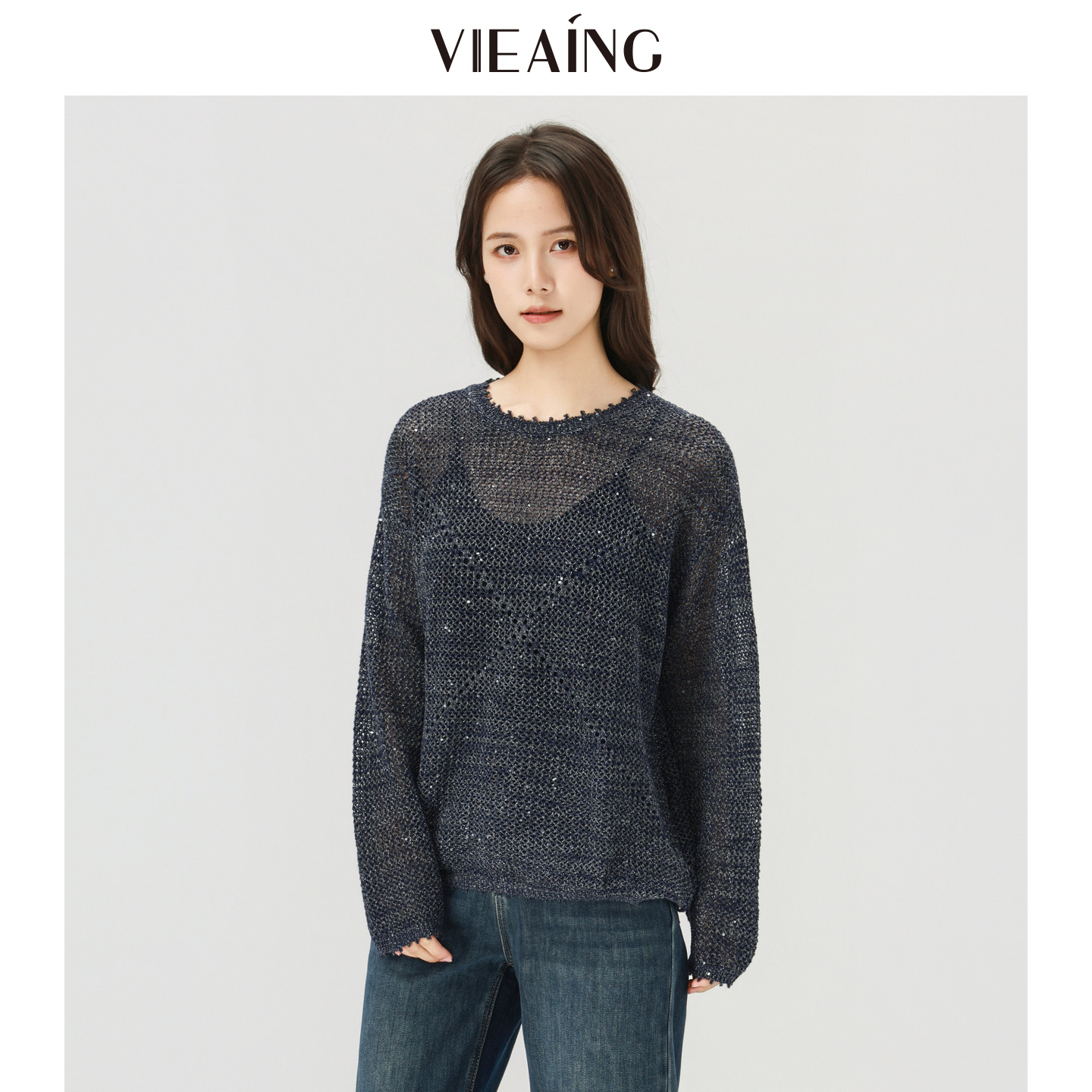 VIEA.ING薇迎商场同款镂空针织衫女2025冬新款毛衣含羊毛亮片上衣 - 图1