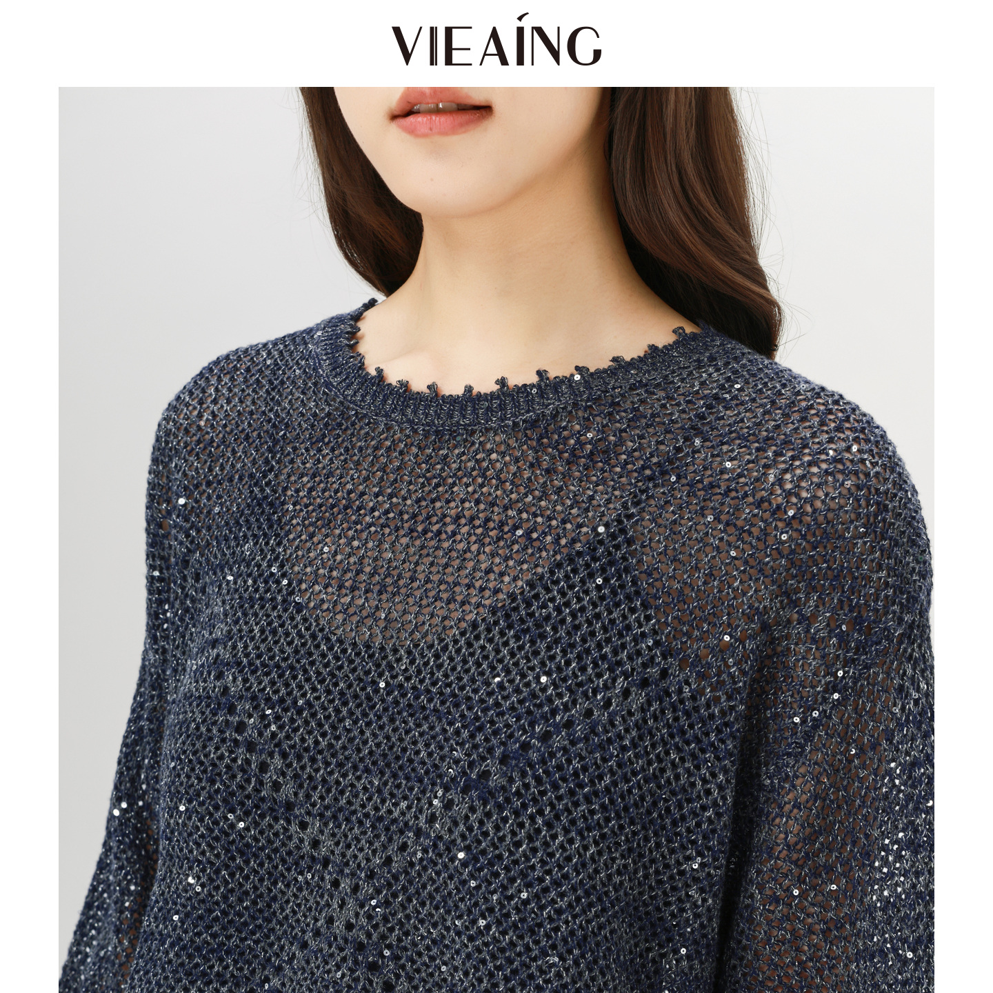 VIEA.ING薇迎商场同款镂空针织衫女2025冬新款毛衣含羊毛亮片上衣 - 图3