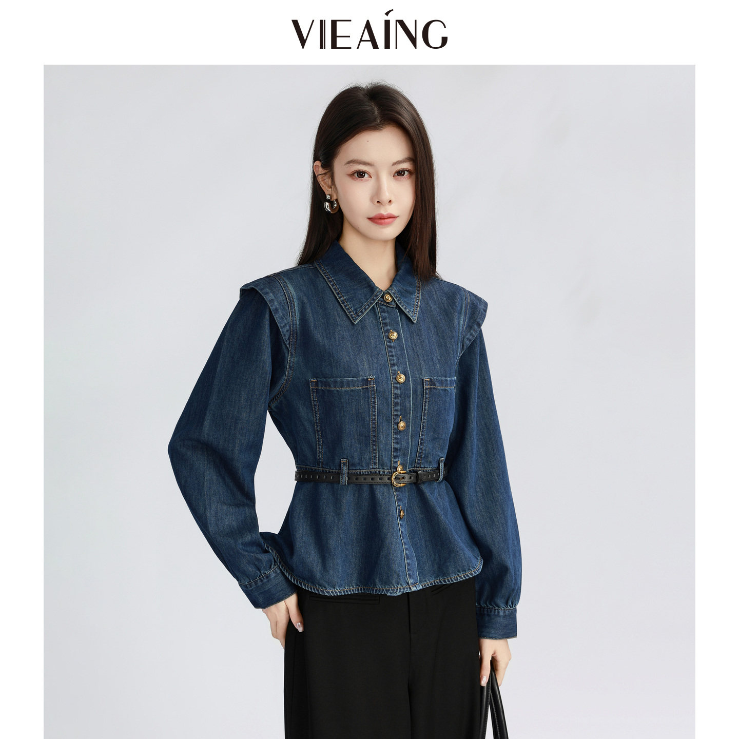 VIEA.ING薇迎商场同款蓝色牛仔衬衫女2026春季新款韩系气质上衣,淘宝优惠券,粉丝福利购,淘宝优惠卷