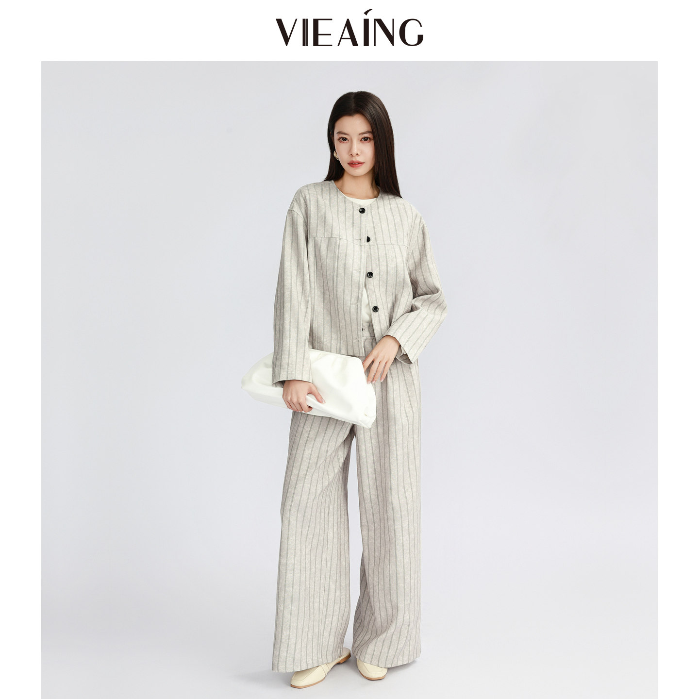 VIEA.ING薇迎商场同款条纹外套女2026春季新款短款小个子圆领上衣,淘宝优惠券,粉丝福利购,淘宝优惠卷