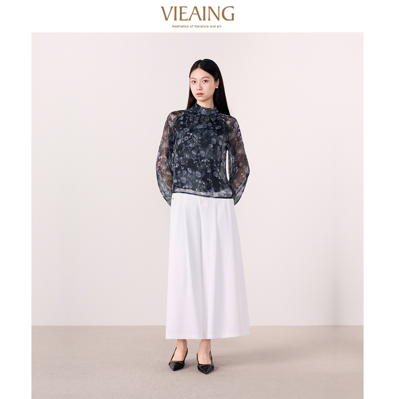 VIEA.ING薇迎雪纺长袖衬衫女2025秋新款休闲立领衬衣通勤上衣 - 图0