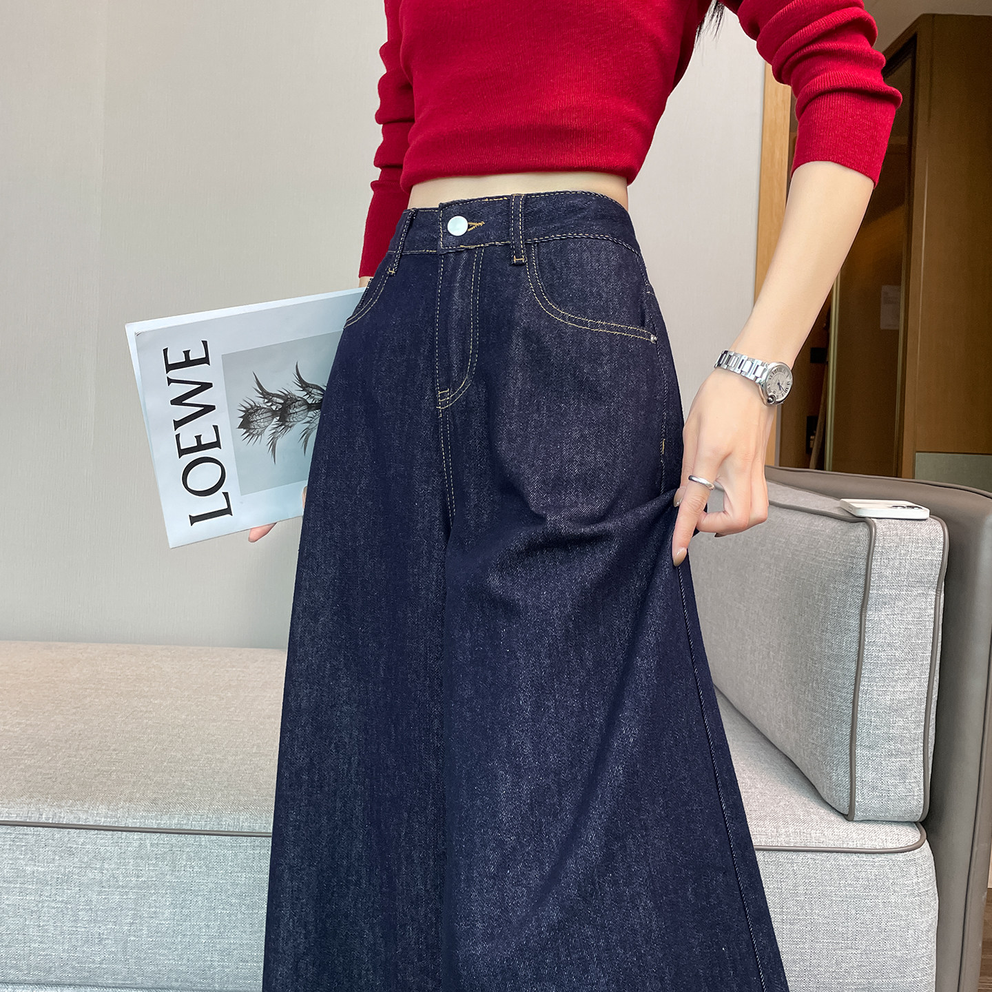 蜜糖之城丹宁深蓝色阔腿牛仔裤女秋季宽松慵懒女高腰垂感拖地裤子,淘宝优惠券,粉丝福利购,淘宝优惠卷