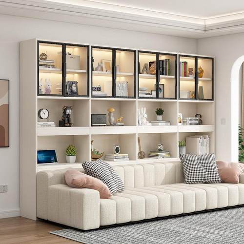 沙发柜玻璃门客厅实木书柜靠墙一体收纳置物柜家用夹缝储物柜定制 - 图0