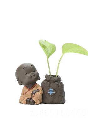 高档创意禅意紫砂家摆居小和尚茶宠件小器办公桌面装饰品花水室培