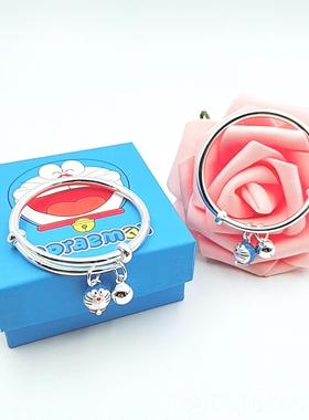 高档990纯银手镯叮当猫胖子机猫铃铛手蓝环女儿童宝宝器满月生日s