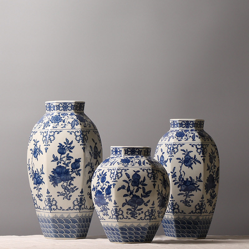 中式青花瓷海水纹折纸花果纹装饰品 陶瓷花瓶创意插花摆件 三件套,淘宝优惠券,粉丝福利购,淘宝优惠卷