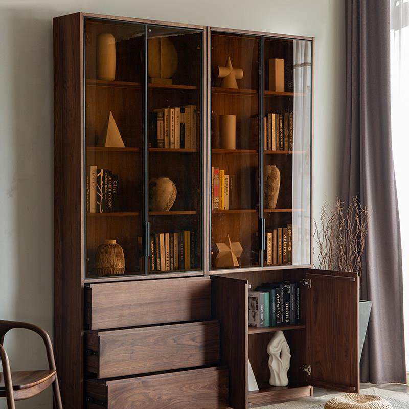 北美黑胡桃木组合书柜玻璃防尘落地满墙到顶展示柜储物客厅餐边柜,淘宝优惠券,粉丝福利购,淘宝优惠卷