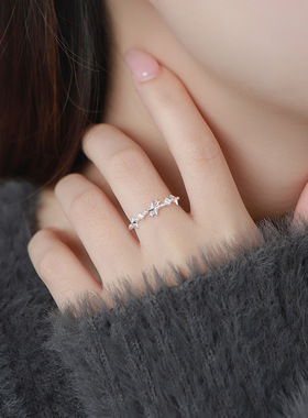 S999足银轻奢四芒星锆石戒指女个性时尚文艺温柔甜美手饰代发