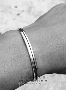 高档简约线条镯七999纯银 欧潮流男手士复古开口情侣美刻字定制夕