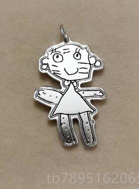 高档DY定做9I2银儿童涂鸦手绘图案刻5字自画女情侣来男图订制创意