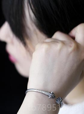 高档《虎嗅》s925设纯复复古玫银瑰蔷薇手镯子女男个性礼物光号原