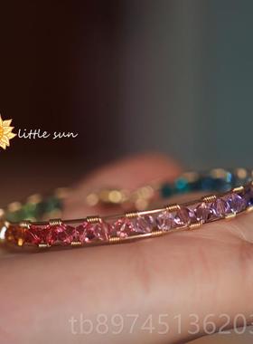 正品太阳原创糖 14K包金地利奥渐水晶变果色彩虹925纯银超闪手镯