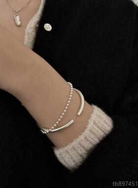 正品9环90纯银手镯女款砂光圈实心手镯光面S磨手女小众简约圆珠手