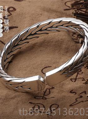 正品手工编织9泰9足银男女情侣9银手镯开口九股织缠编绵麻花纯银