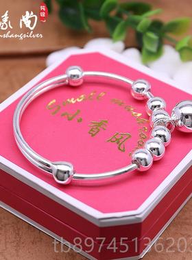 正品尚银镯光面99纯银银镯子女手款日韩版足简约时铃铛手镯送女友