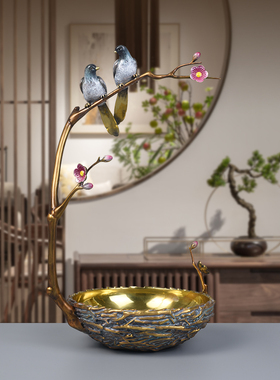 纯黄铜喜上眉梢果盘喜鹊摆件