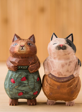 创意手工个性造型小猫木雕工艺品桌面摆件潮酷猫咪公仔生日礼物