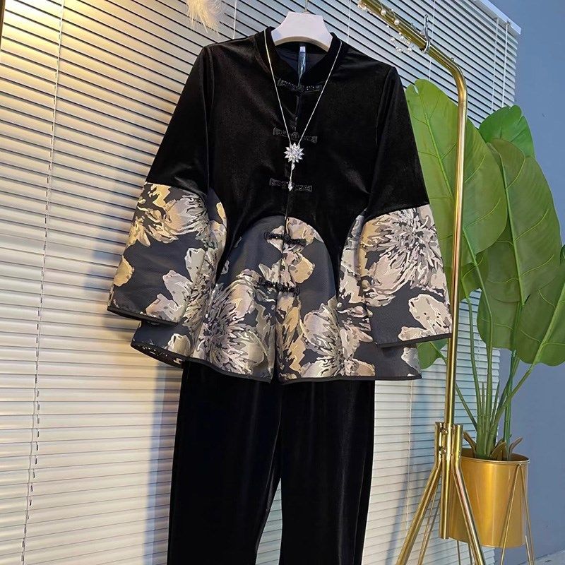 复古亮钻纽襻遮肚丝绒拼接上w衣休闲裤子两件套装胖mm冬季大码女,淘宝优惠券,粉丝福利购,淘宝优惠卷