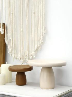 莫兰迪色调装饰摆件轻奢风 小蘑菇造型蛋糕盘 北欧风格木制托盘