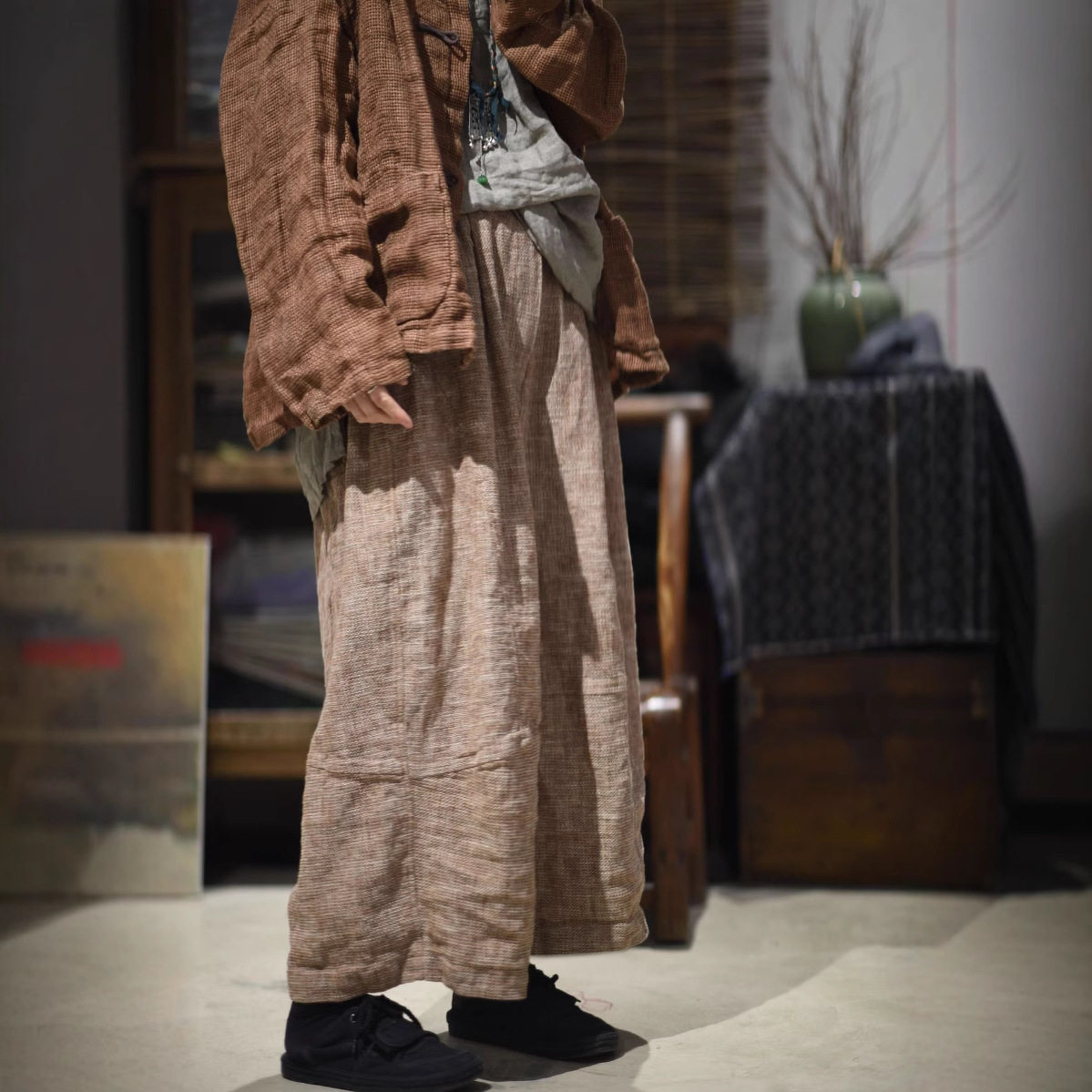 25/3/8 SN137休闲复古 色织亚麻立体拼片松紧休闲低裆裤,淘宝优惠券,粉丝福利购,淘宝优惠卷